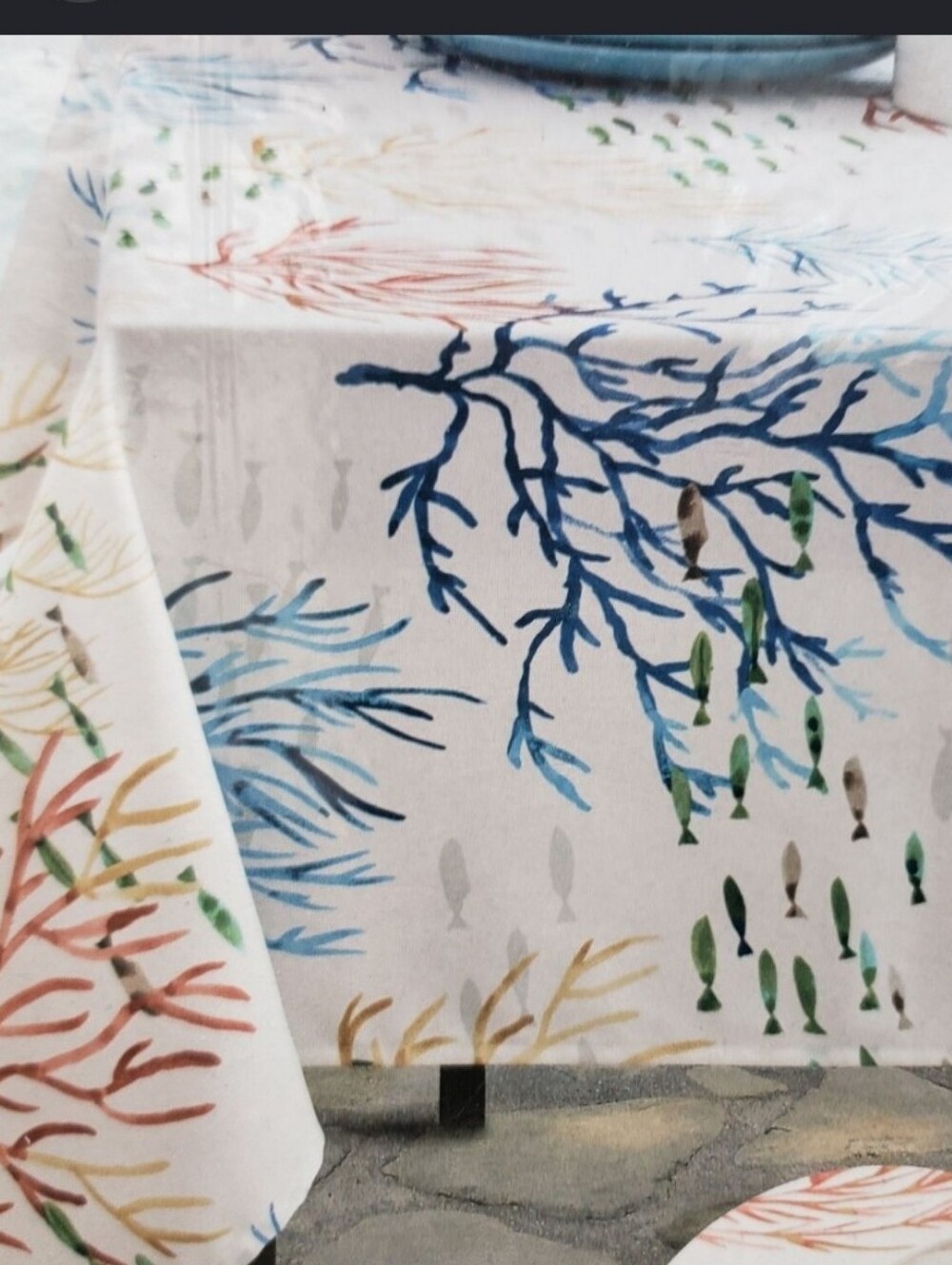 Tropical Tablecloth 70" Round Coral Sealife  In Good Shape Red White Green